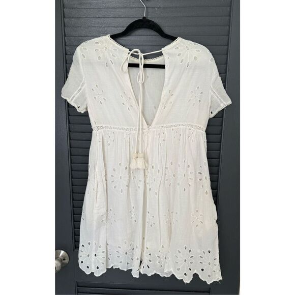 Zara Small White Eyelet Mini Dress Romper Pockets - Picture 5 of 8
